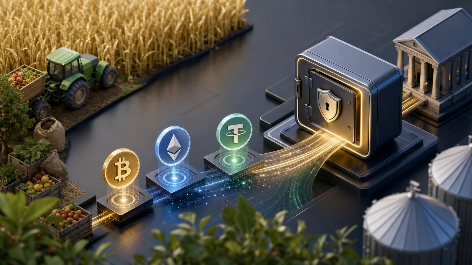 Diagram showing a cryptocurrency swap sending BTC, ETH or USDT through the correct blockchain network to an exchange deposit account